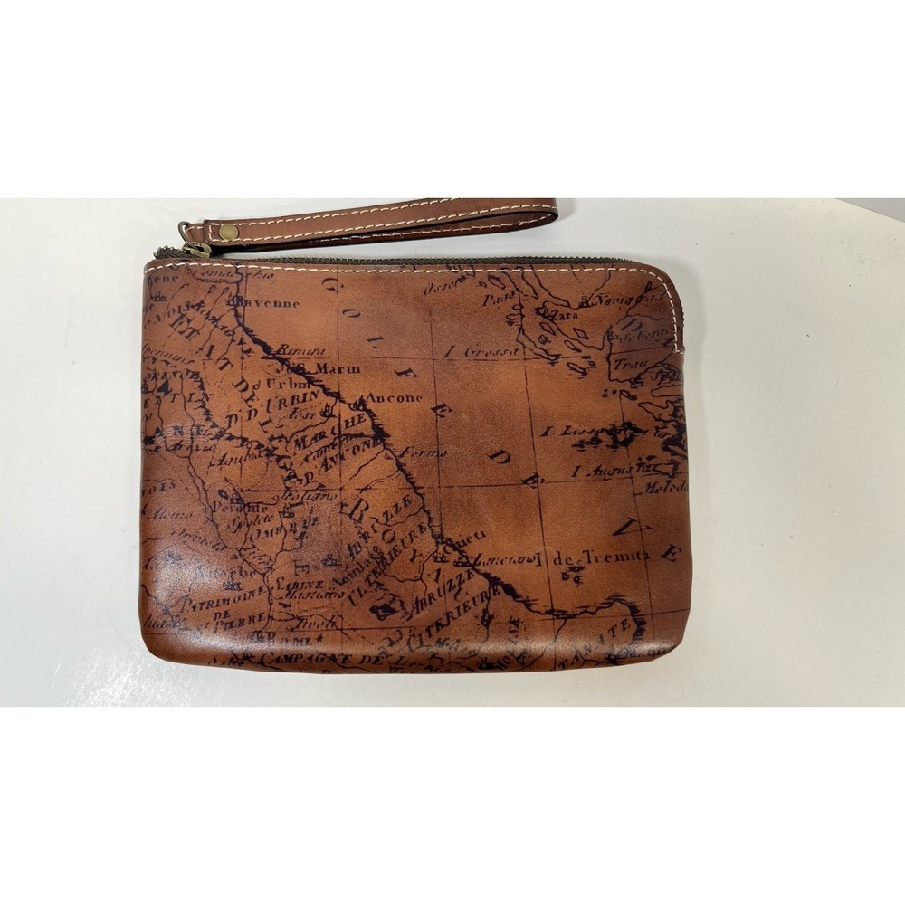 Patricia Nash Leather Wristlet European Map Design Brass Zipper EUC